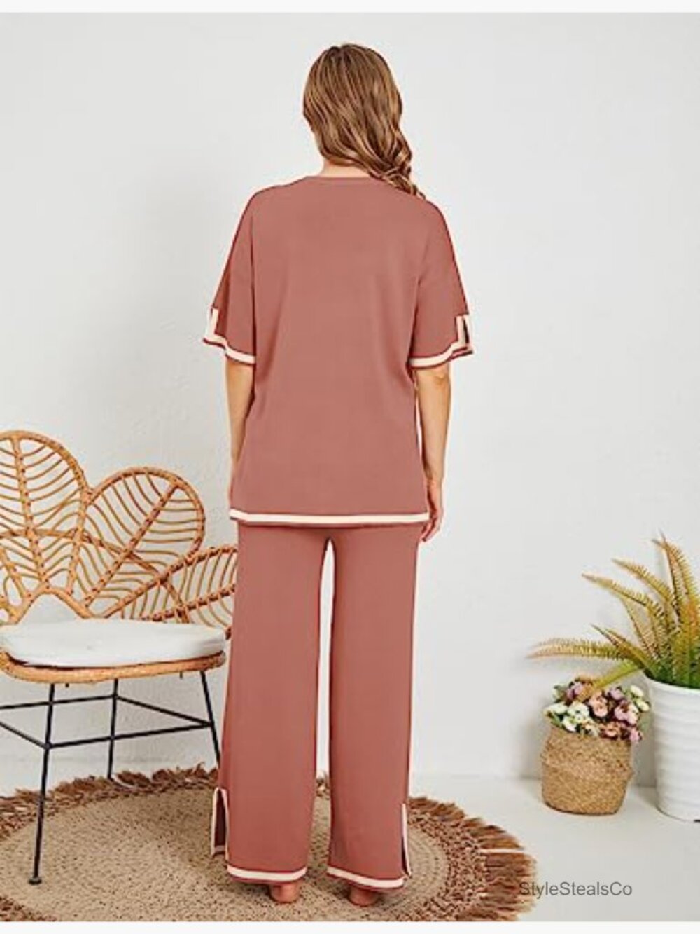 2 Piece Lounge Sets Short Sleeve Knit Pullover Tops Wide Leg Pants - Picture 6 of 7